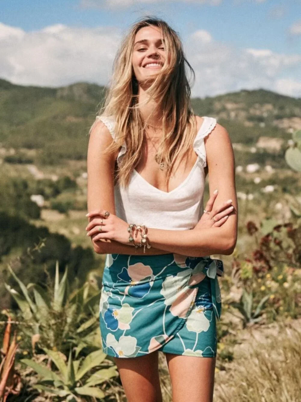 Sézane Pacome Wrap Mini Skirt | Teal Botanical Floral Print | FR 40 / US 8